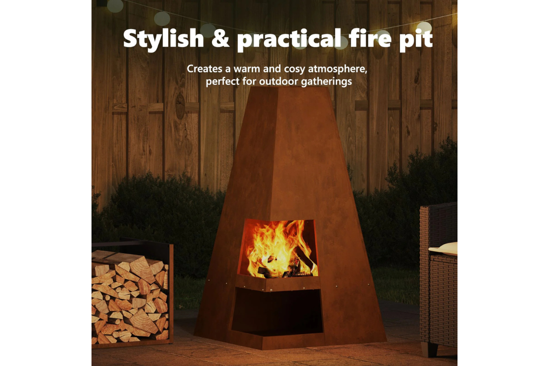 Stylish and Practical Fire Pit with Log Storage 50 x 50 x 100 cm in Rusty Brown Weathering Steel