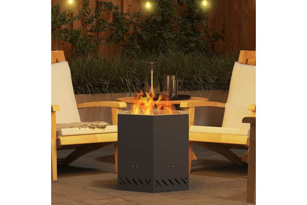 Smokeless Fire Pit Hexagonal 48 x 48 x 51 cm in Black Cold-Rolled Steel in Use at Night