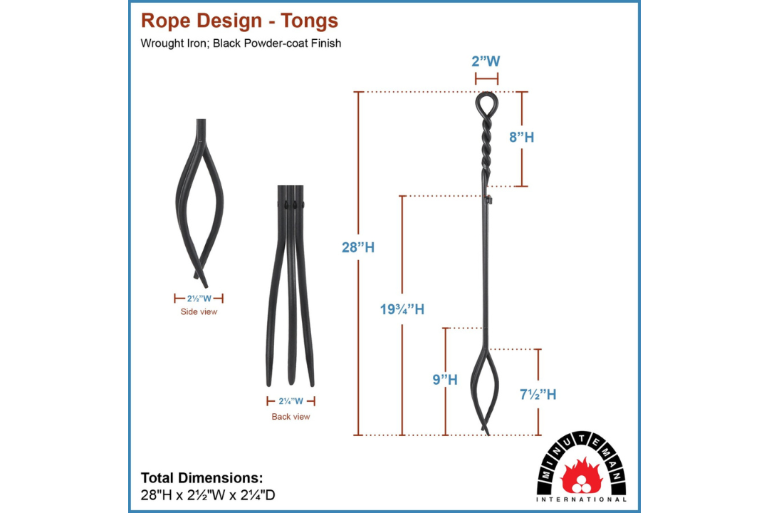 28-Inch Tongs Wrought Iron Fireplace Tools with Rope Handles – Black Finish Specifications