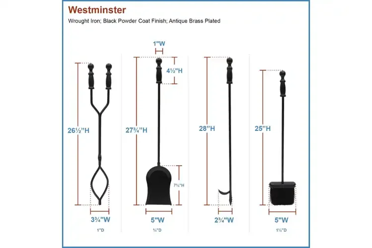 Westminster Fireplace Tool Set in All Black – Cast Iron 4-Piece Hearth Tool Kit Details