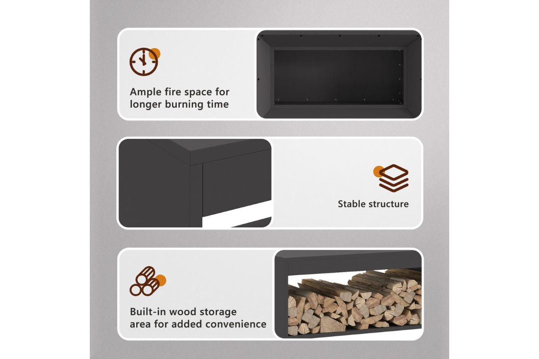 Fire Pit with Log Storage 160 x 45 x 35 cm in Black Cold-Rolled Steel Features