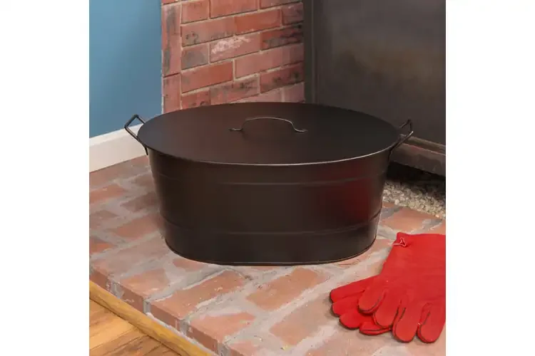 Black Galvanized Oval Firewood Tub with Lid – Decorative Hearth Storage