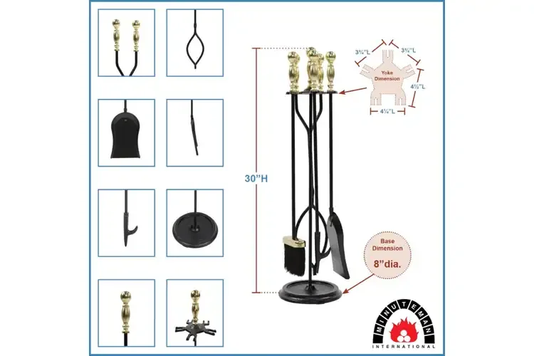 Sutton Fireplace Tool Set in Polished Brass and Black Powder Coated Finish Specifications