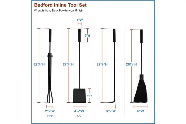 Bedford Inline Wrought Iron Fireplace Tool Set with Ash Pan – Black Finish Detailed Information