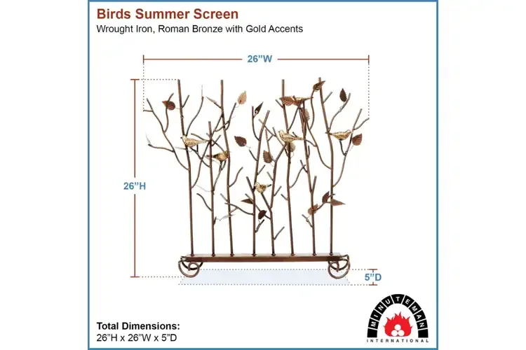 Birds Fireplace Summer Screen – Wrought Iron with Golden Bird Accents Specifications