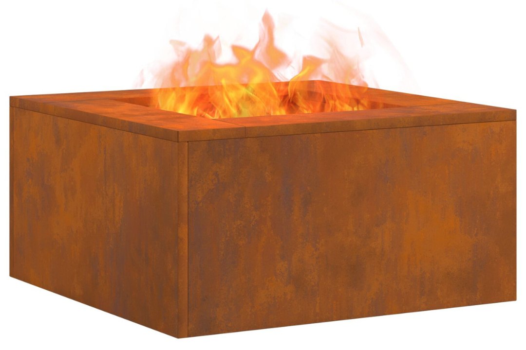 Square Fire Pit 60 x 60 x 30 cm in Rusty Brown Weathering Steel with Rich Patina