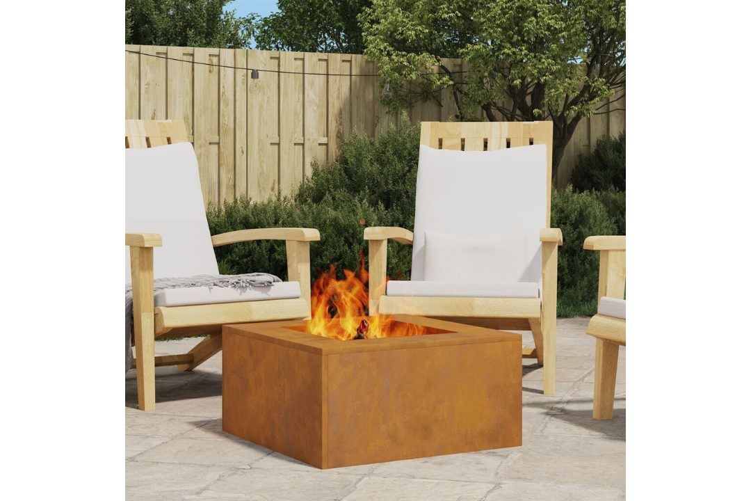 Square Fire Pit 60 x 60 x 30 cm in Rusty Brown Weathering Steel