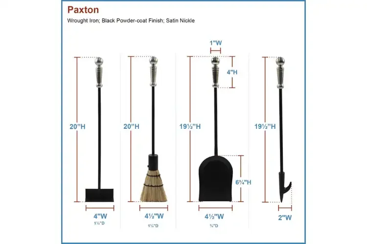 Paxton 4-Piece Mini Fireplace Tool Set in Black and Satin Nickel – Cast Iron with Decorative Handles Tool Set Details