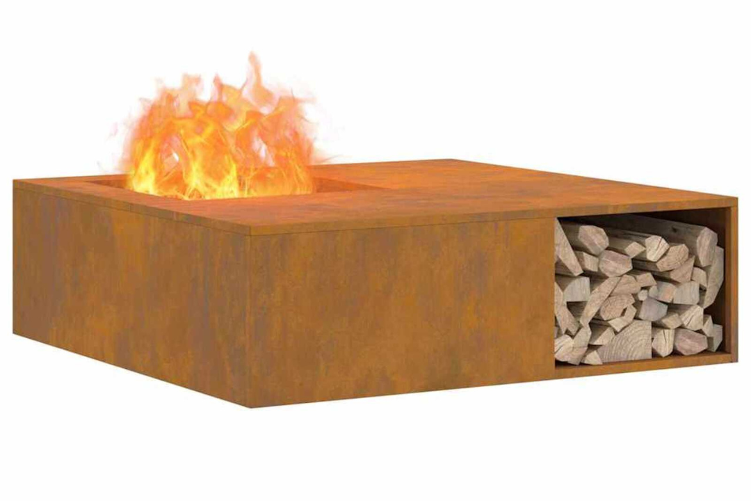 Fire Pit with Log Storage 100 x 100 x 30 cm in Rusty Brown Weathering Steel with Rich Patina