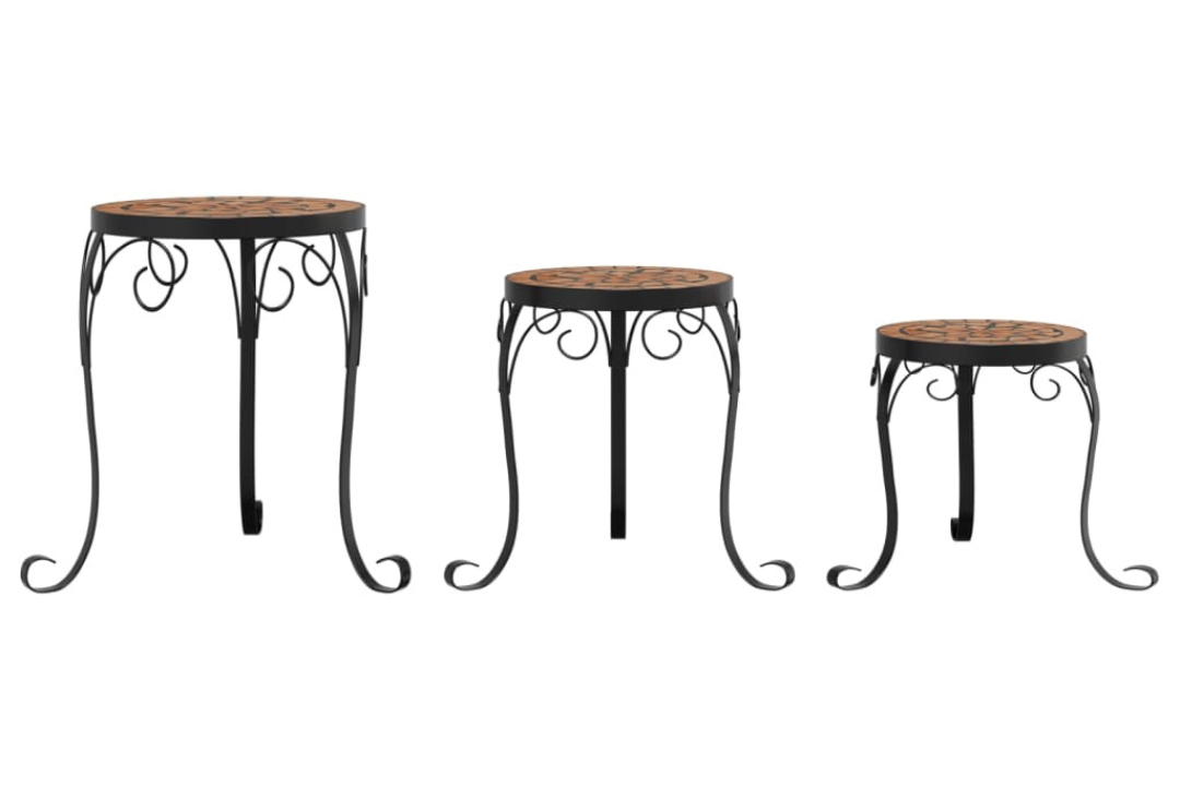 Set of Three Ceramic Mosaic Plant Stands in Different Sizes Displayed on a Patio with Potted Plants in Terracotta