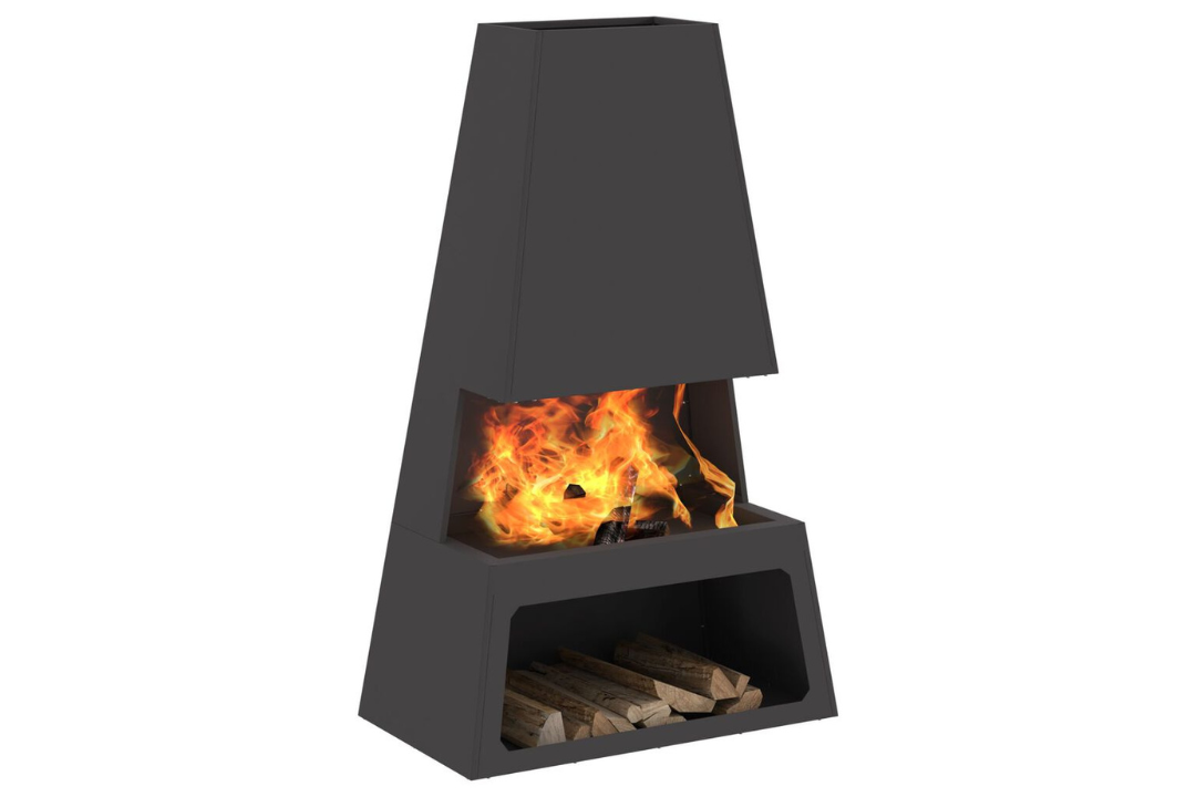 Fire Pit with Log Storage 60 x 35 x 100 cm in Matte Black Cold-Rolled Steel