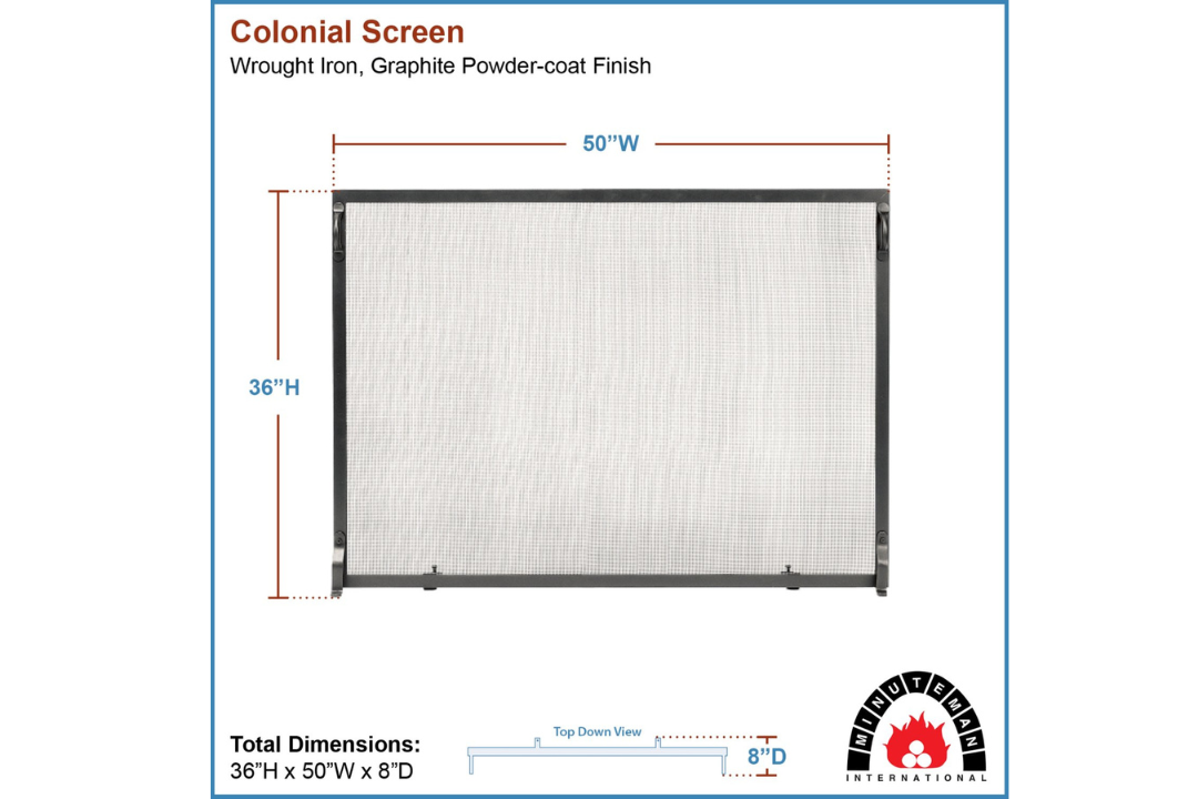 Colonial Flat Fireplace Screens – Wrought Iron, Graphite Finish in 50 x 36 Specifications