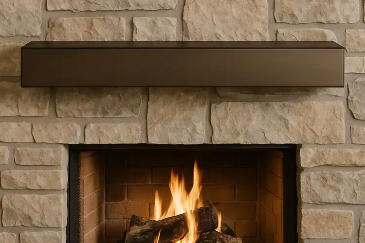 Design Specialties Classic Bronze Powder Coated Steel Mantel Above Fireplace