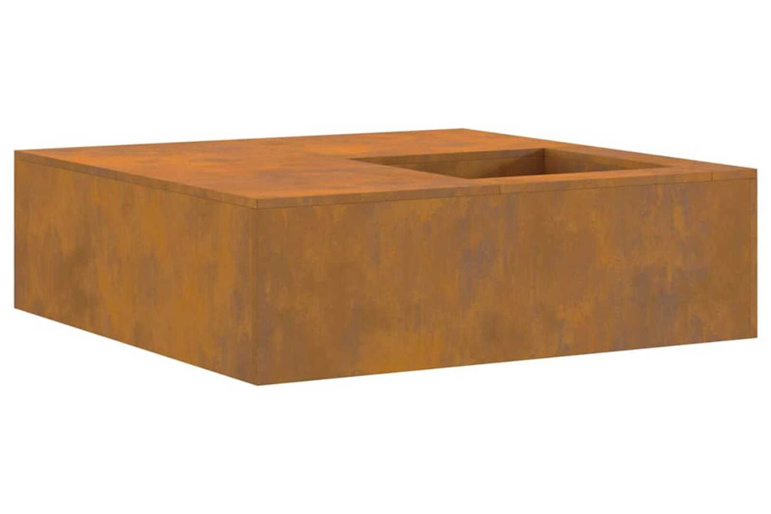 Minimalist Fire Pit with Log Storage 100 x 100 x 30 cm in Rusty Brown Weathering Steel