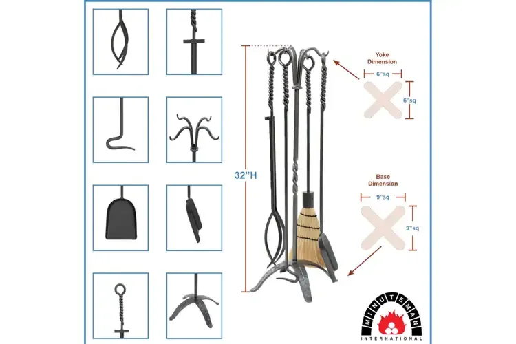 Rope Fireplace Tool Set – 5-Piece Wrought Iron Fire Tool Collection with Twisted Handles and Decorative Stand Specifications
