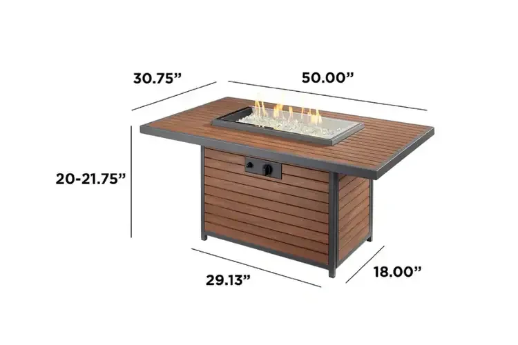 Kenwood and Brooks Umber Brown Rectangular Chat Height Gas Fire Pit Table Dimension