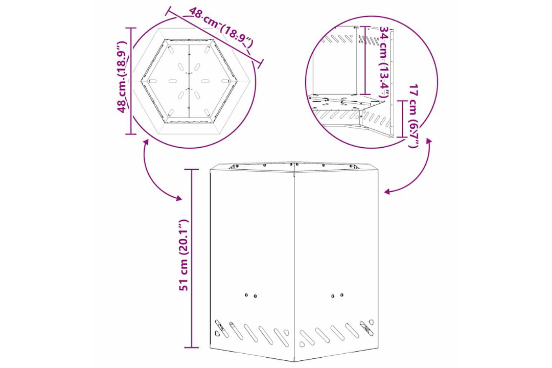 Smokeless Fire Pit Hexagonal 48 x 48 x 51 cm in Black Cold-Rolled Steel Specifications