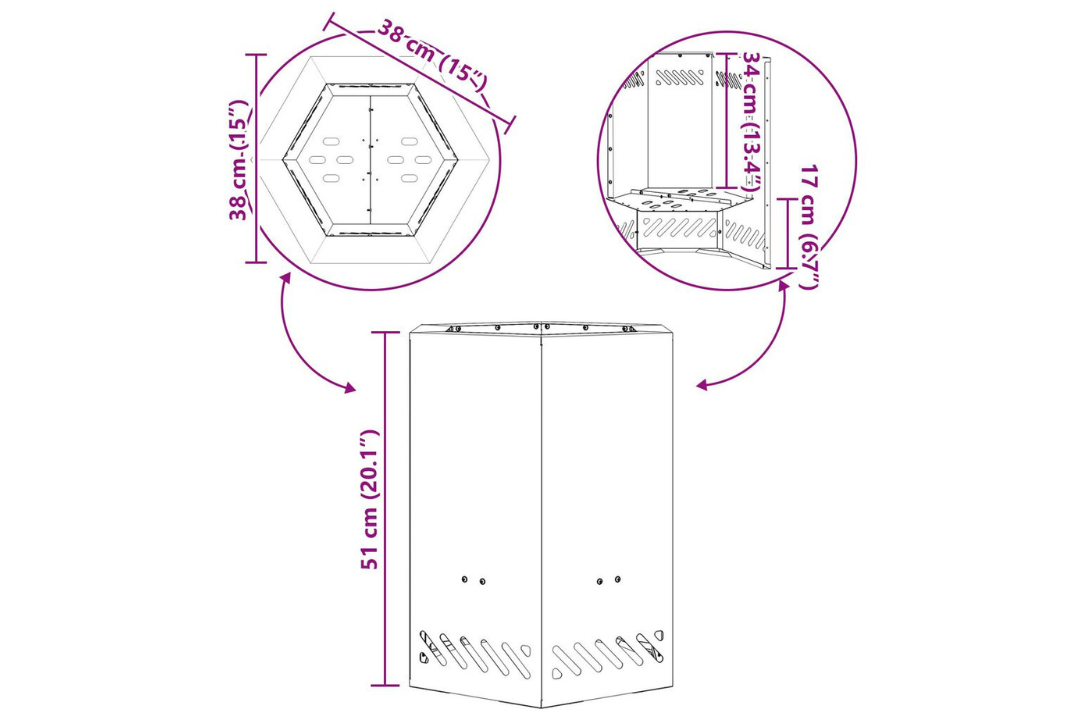 Smokeless Fire Pit Hexagonal 38 x 38 x 51 cm in Black Cold-Rolled Steel Specifications