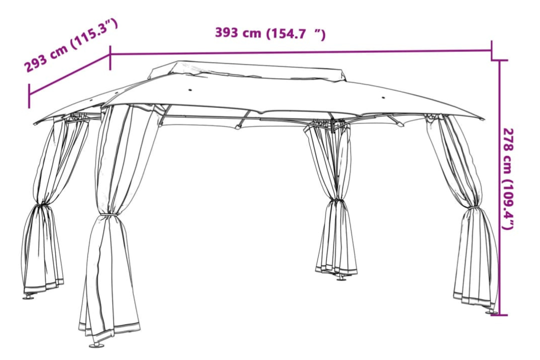 Gazebo with Double Roof & Mesh Walls Cream in 3.93 x 2.93 m with Powder-Coated Steel Frame Specifications