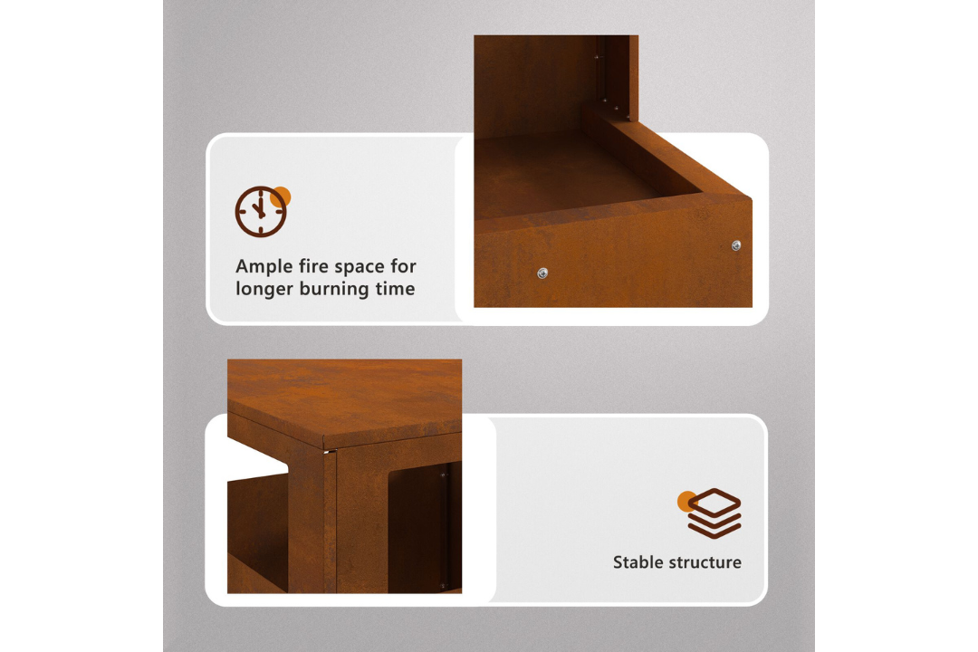 Square Steel Fire Pit 35 x 35 x 100 cm in Rusty Brown Weathering Steel Features