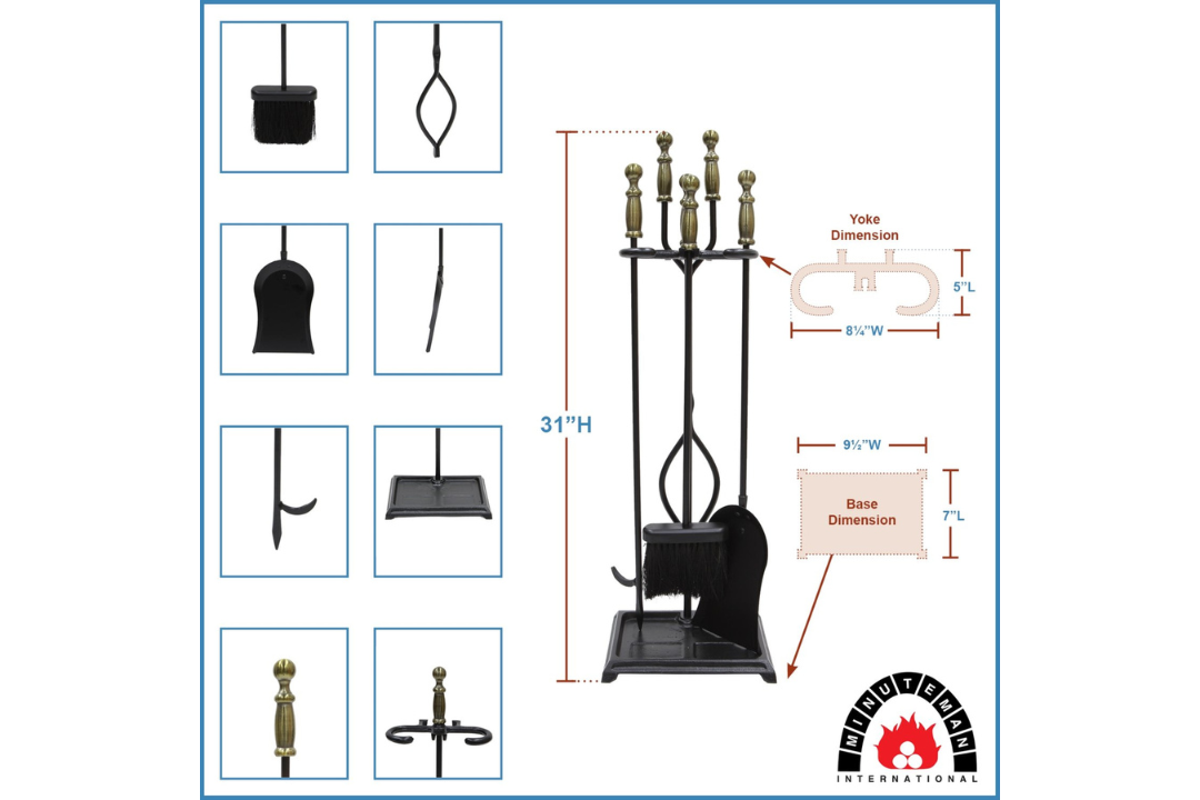 Westminster Fireplace Tool Set in Black and Brass – Cast Iron 4-Piece Hearth Tool Kit Specifications