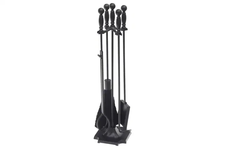 Carlisle Fireplace Tool Set in All Black Made of Wrought and Cast Iron and Zinc Handles