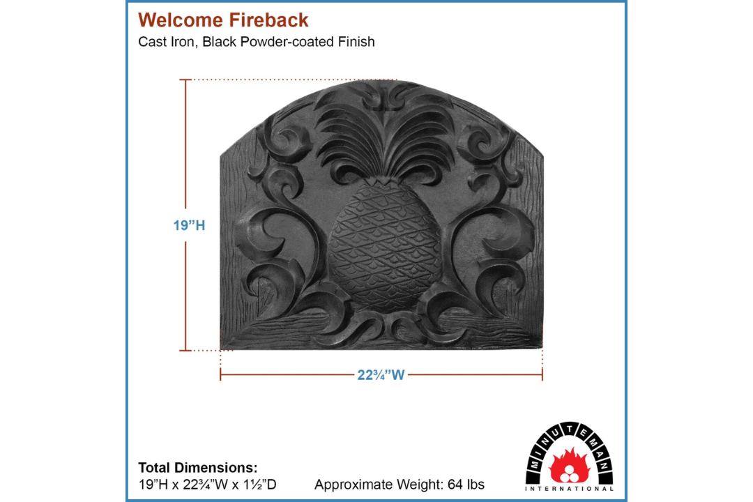 Welcome Fireback – Cast Iron Fireplace Back with Pineapple Design Specifications