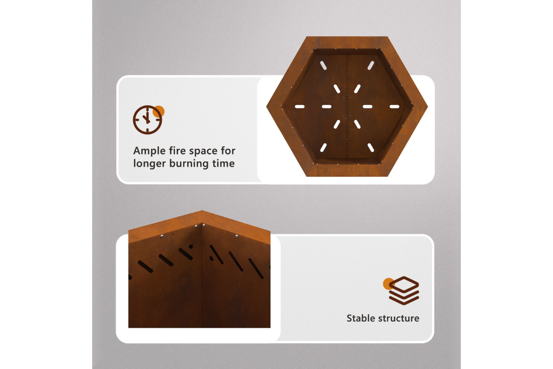 Smokeless Fire Pit Hexagonal 48 x 48 x 51 cm in Rusty Brown Weathering Steel Features