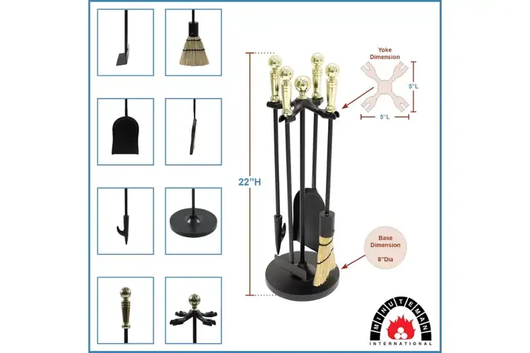 Paxton 4-Piece Mini Fireplace Tool Set in Black and Polished Brass – Cast Iron with Decorative Handles Specifications
