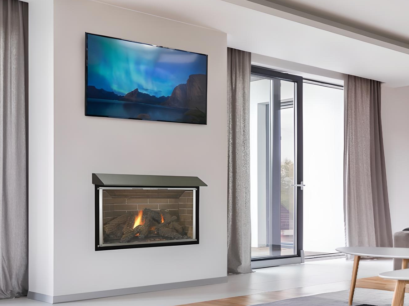 Custom Length Fireplace Hood in Flat Black Powder Coat Finish Room Setting
