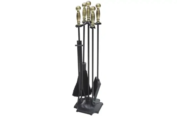 Carlisle Fireplace Tool Set in Black & Antique Brass  Made of Wrought and Cast Iron and Zinc Handles