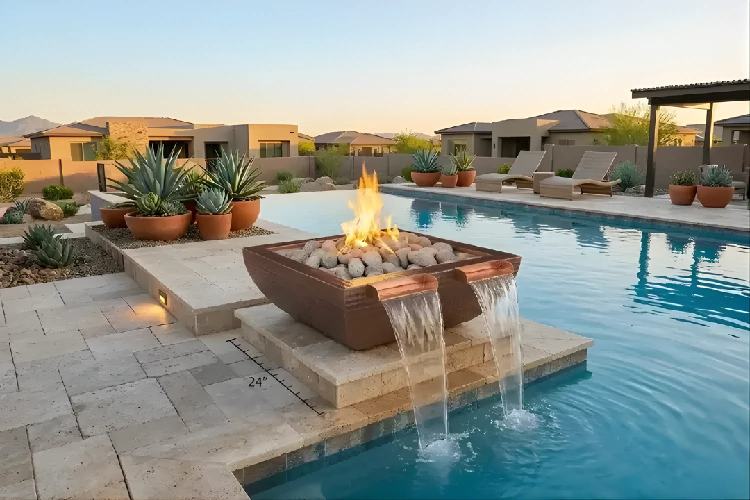 The Outdoor Plus 30" Avalon Fire & Water Bowl – Twin Spill - Hammered copper