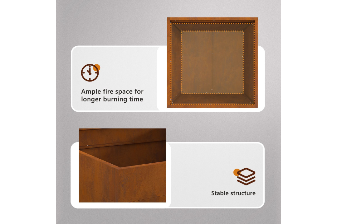 Fire Pit Square 80 x 80 x 43 cm Steel in Rusty Brown Weathering Steel Features