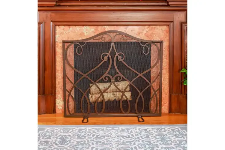 Cypher Flat Fireplace Screen – Wrought Iron with Decorative Monogram Design