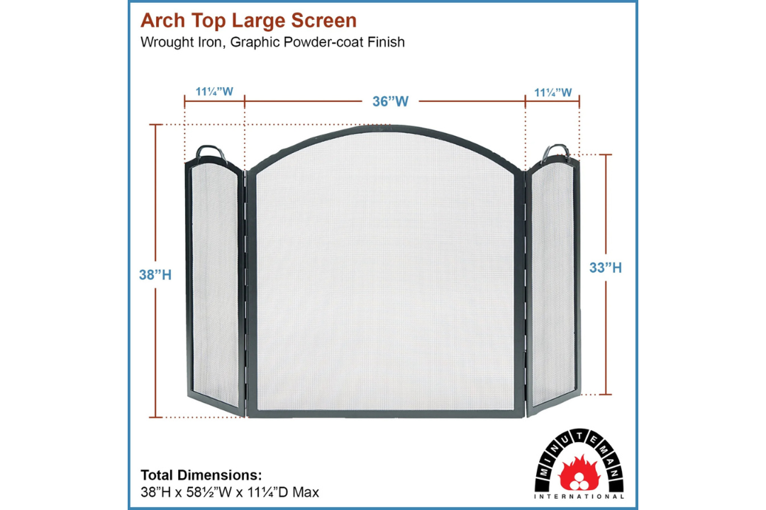 Arched Three-Fold Fireplace Large Screen – Wrought Iron, Graphite Finish Specifications