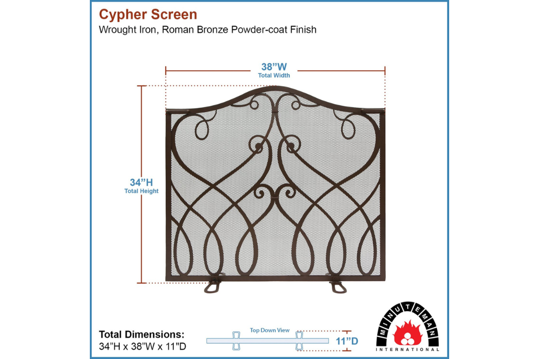 Cypher Flat Fireplace Screen – Wrought Iron with Decorative Monogram Design in Roman Bronze Specifications