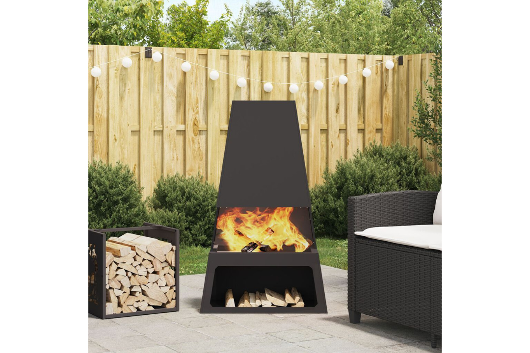 Fire Pit with Log Storage 60 x 35 x 100 cm in Black Cold-Rolled Steel