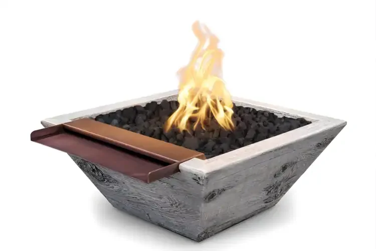 The Outdoor Plus 24" Maya Fire & Water Bowl – Wide Spill, Wood Grain Concrete - Ivory