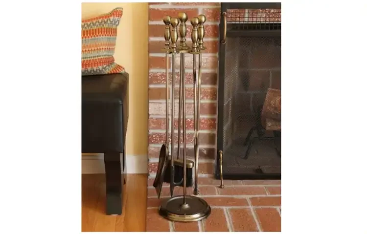 Antique Brass Fireplace Tool Set | Round Base And Ball Handles
