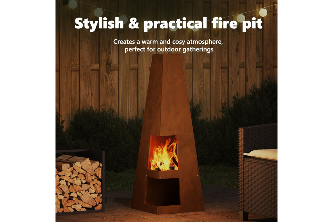 Stylish and Practical Fire Pit with Log Storage 35 x 35 x 100 cm in Rusty Brown Weathering Steel