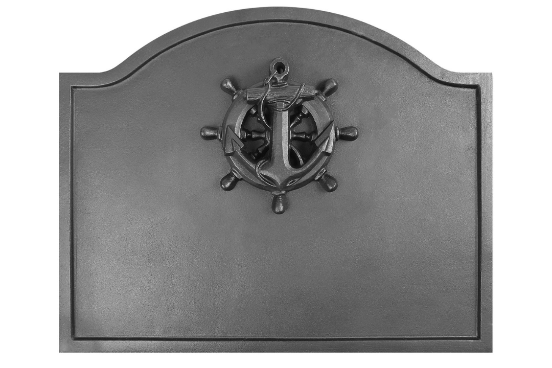 Large Nautical Fireback – Cast Iron Fireplace Back with Anchor & Wheel Design