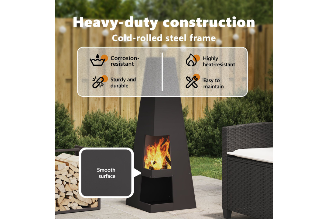 Heavy-Duty Fire Pit with Log Storage 35 x 35 x 100 cm in Black Cold-Rolled Steel