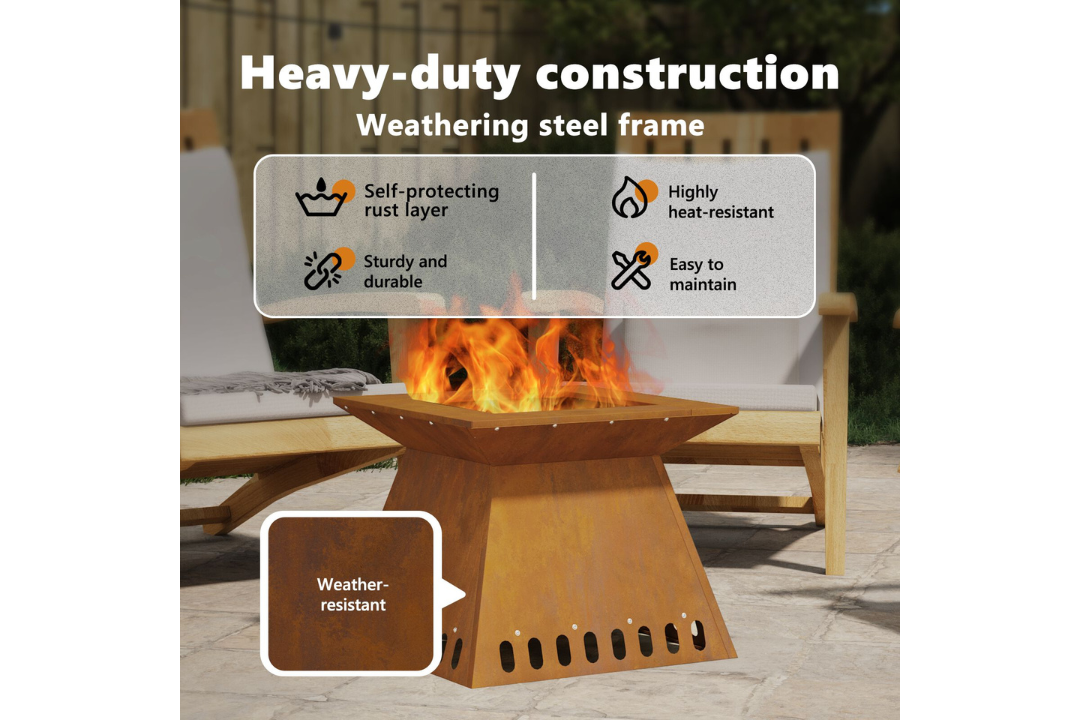 Heavy-Duty Fire Pit 60 x 60 x 50 cm in Rusty Brown Weathering Steel