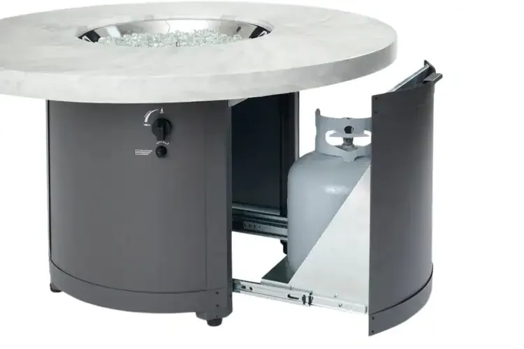 Beacon White Onyx 48" Round Gas Fire Pit Table Hidden Access Door