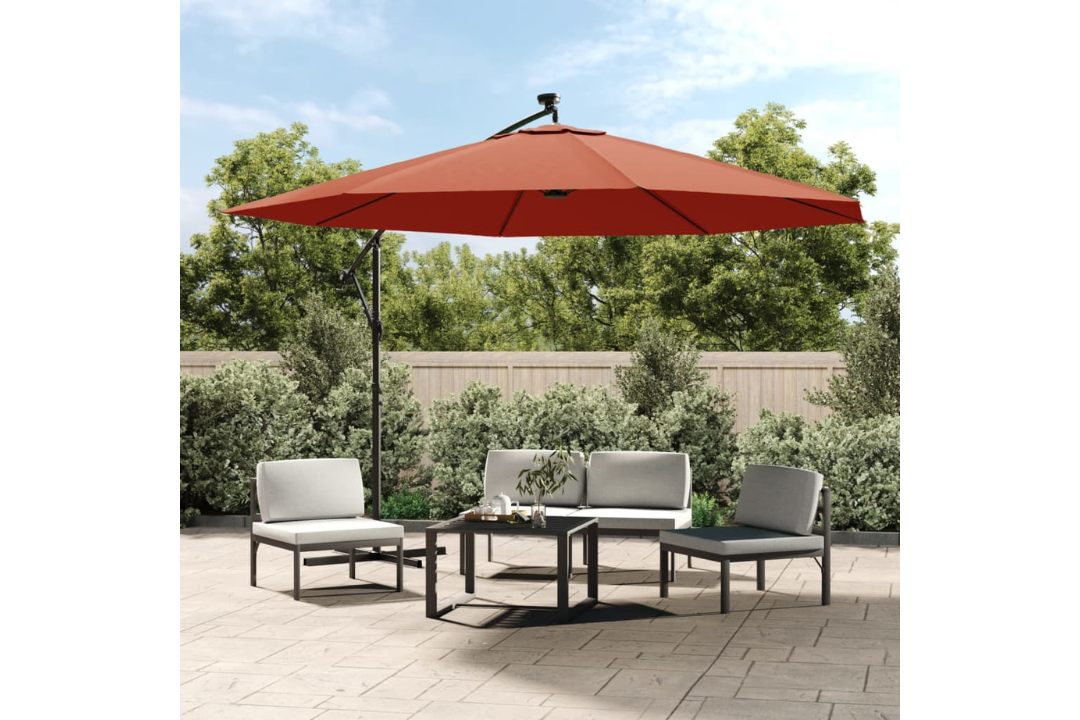 Cantilever Garden Parasol with LED Lights and Metal Pole 350 cm in Terracotta with UV Resistant