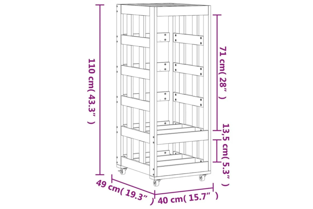 Log Holder with Wheels 40x49x110 cm Solid Pine Wood Firewood Rack in Black Specifications