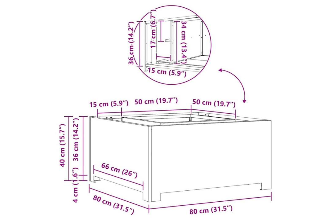 Fire Pit Square 80 x 80 x 40 cm in Rusty Brown Weathering Steel Specifications