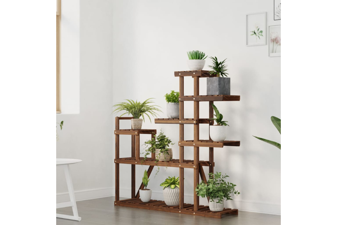 Solid Wood Fir Flower Stand 110 x 25 x 111 cm in Carbonized Brown with Seven Shelves
