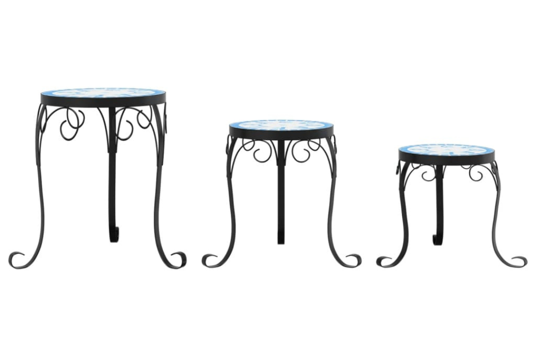 Set of Three Ceramic Mosaic Plant Stands in Different Sizes Displayed on a Patio with Potted Plants in Blue and White