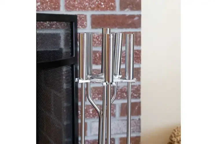 Neoclassic Fireplace Tool Set in Polished Chrome Handle Details